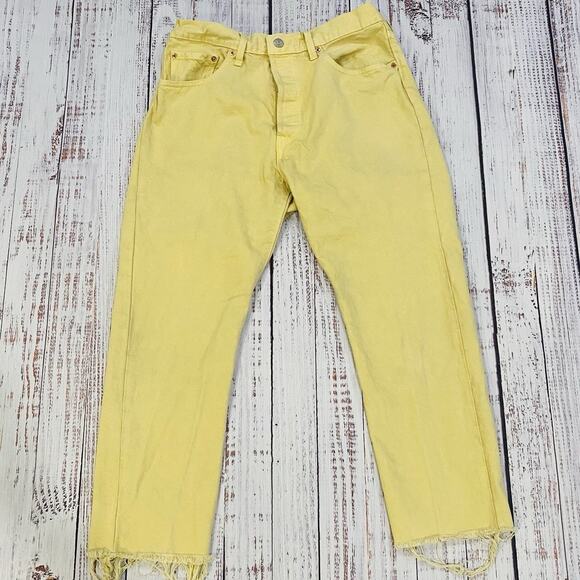 Levi’s 501 Yellow Jeans W32x26 Raw Hem Distressed Straight Y2K Color Denim - Picture 1 of 9